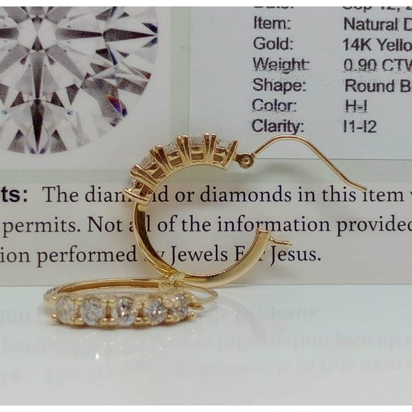 14k Yellow Gold Diamond Hoop Earrings Natural Round Brilliant Cut diamonds - Picture 2 of 10